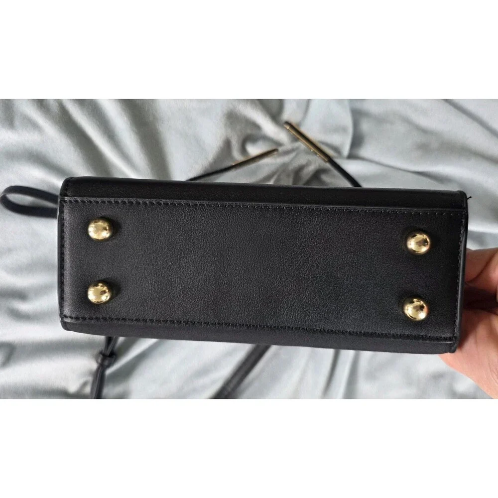 Black Structured Box Crossbody Bag Gold Turn Lock Top Handle Shoulder Purse